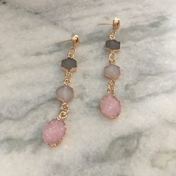 Triple Cluster Irregular Dangle Drop Gold Earrings - Picture 2 of 5